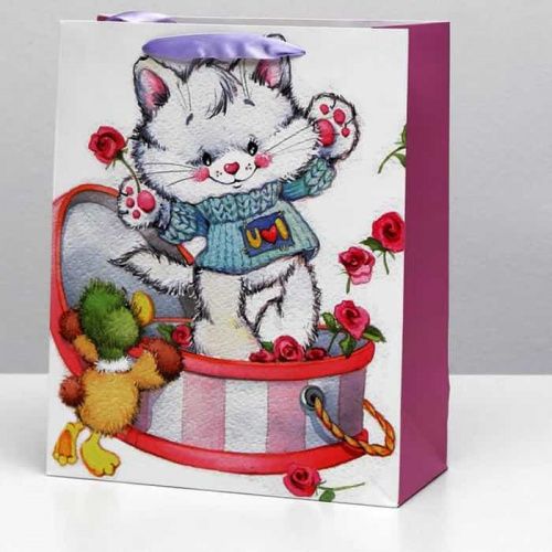 Пакет подарочный ламинир. "Котик с цветами" 26*32*12см Пакет подарочный ламинир. "Котик с цветами" 26*32*12см